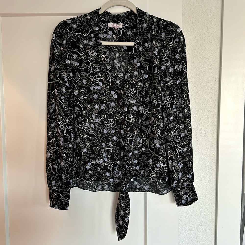 Parker Silk Blouse - Black White and Blue Florall